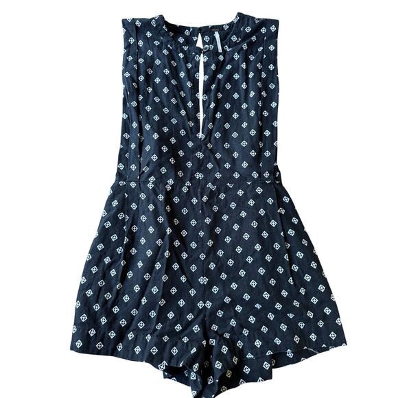 Free People Romper Ashley Black White Diamond Boxy Linen Blend XS - Picture 2 of 10